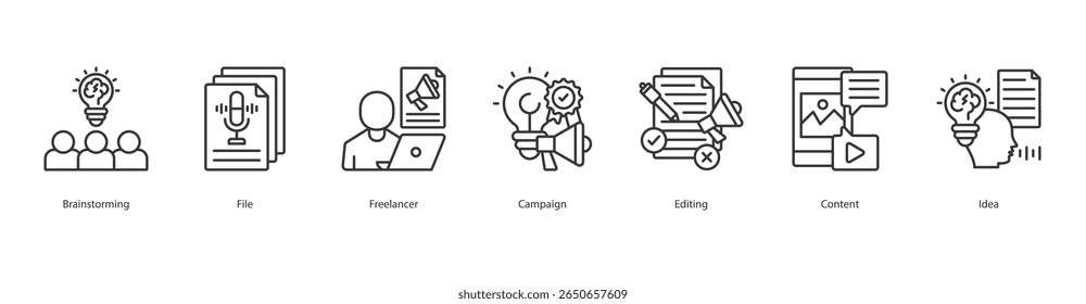 criativo fluxo de trabalho banner web icon definir conceito de ilustração vetorial com ícone de brainstorming, arquivo, freelancer, campanha, edição, conteúdo, ideia