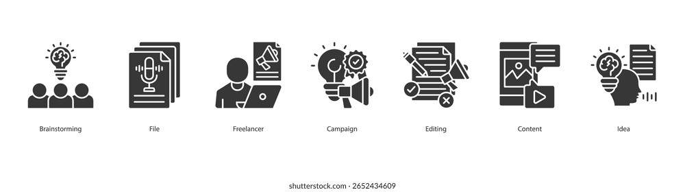 criativo fluxo de trabalho banner web icon definir conceito de ilustração vetorial com ícone de brainstorming, arquivo, freelancer, campanha, edição, conteúdo, ideia