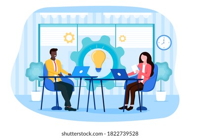 Creative workflow concept. Happy and smiling man and woman sitting in the office and working on laptops. Flat vector illustration