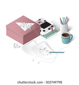 Creative workplace. Book, notepad, phone, headphone, cup of coffee, pen, paper. Place for work, study, learning, desktop. Isometric flat vector illustration.