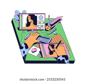 Creative workplace with computer. Artist drawing on tablet at the messy desk. Workspace at the table in neo brutalism style. Illustrator works at pc. Flat isolated vector illustration on white