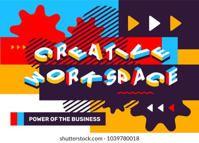 Creative workplace concept on bright colorful background with abstract element. Isometric template design for banner. Vector horizontal illustration of 3d word lettering typography with business title