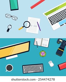 Creative workplace  design. Concept of office equipment, icons set and objects of business process