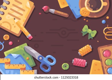 Creative workplace flat illustration. Desktop filled with art supplies and craft materials. Handcraft vector banner background.