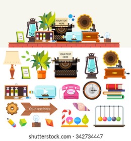 Creative workplace. Items and objects. Big vector flat  illustrations and backgrounds set:  typewriter, lantern, phone, pendulum, paint, pencil. Flat vector illustration set.