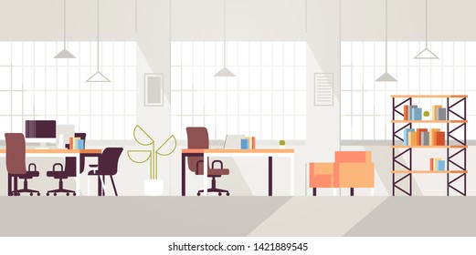 creative workplace modern open space empty nobody office interior contemporary co-working center flat horizontal