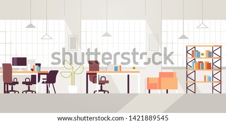 creative workplace modern open space empty nobody office interior contemporary co-working center flat horizontal