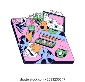 Creative workplace in neo brutalism style. Artist's desk with desktop computer, pc. Organization of workspace. Person works with drink in hand. Flat isolated vector illustration on white background