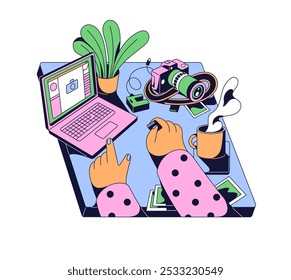 Creative workplace in neo brutalism style. Photographer works with digital photo, video on laptop at the desk. Computer and camera on the table workspace. Flat isolated vector illustration on white