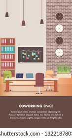Creative Workplace with Office Furniture Design. Coworking Center. Shared Area. Workplace Loft Style. Chair, Desk, Scrum Board, Laptop on Table, Clock on Brick Wall. Cartoon Flat Vector Illustration