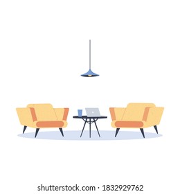 Creative workplace open space. Comfortable place to work with chairs, table and laptop. Cartoon flat vector illustration 