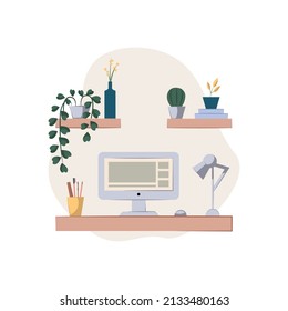 Creative workplace vector illustration. Work table with computer. Illustrations for banner, postcard, notebook and other design. Workspace for freelance creators. 