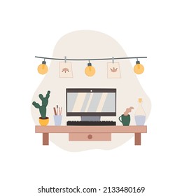 Creative workplace vector illustration. Work table with computer. Illustrations for banner, postcard, notebook and other design. Workspace for freelance creators. 