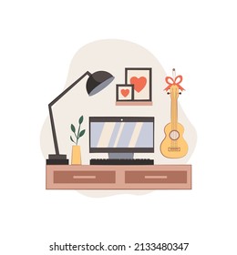 Creative workplace vector illustration. Work table with computer. Illustrations for banner, postcard, notebook and other design. Workspace for freelance creators. 