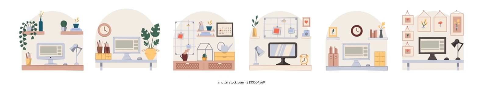Creative workplace vector illustration. Work table with computer. Illustrations for banner, postcard, notebook and other design. Workspace for freelance creators. 