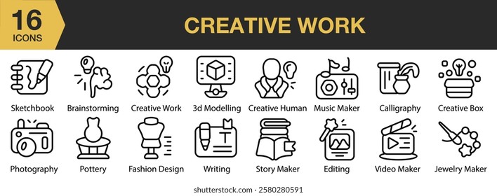 Creative Works icon set. Includes work, creative, team, teamwork, project, idea, and More. Outline icons vector collection.