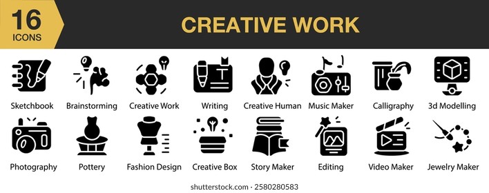 Creative Works solid icon set. Includes work, creative, team, teamwork, project, idea, and More. Solid icons vector collection.