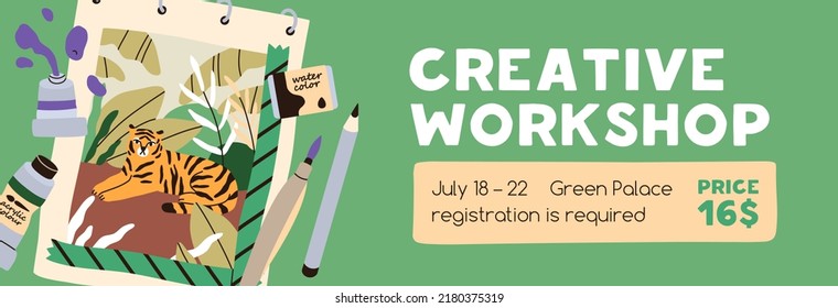 Creative workshop, advertisement banner template. Ad background design for art class, school, painting event in drawing atelier. Artistic seminar, education promotion. Flat vector illustration