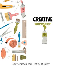 Creative workshop. Background template with creative tools for designers