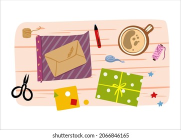 Creative workshop banner. Packaging box process on a table with decoration and coffee. Top view Preparing christmas gift box. Handmade present. DIY . Vector illustration