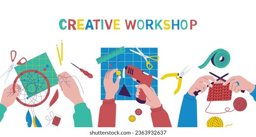 Creative workshop. Cartoon children drawing and painting workshop, kids making handmade textile and paper crafts. Vector isolated set of workshop creative illustration