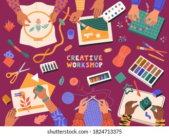 Creative workshop, children applique, draw, make plasticine, knitting, embroidery, template banner educational courses for children. Hand drawn illustration in modern cartoon flat style.