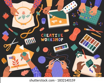 Creative workshop for children, kids draw, mold from plasticine, embroider, knit and make jewelry out of beads, top view. Template banner for educational courses. Hand drawn illustration in flat style