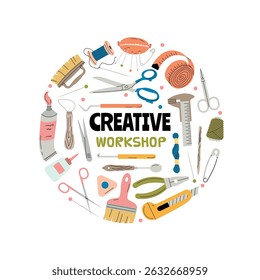 Creative workshop. circle shape background template with different tools for handmade designers