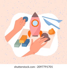 Creative workshop concept. Hands sculpt model of spaceship out of soft plasticine. Sculpture as hobby or entertainment. Pleasant pastime for children and adults. Cartoon flat vector illustration