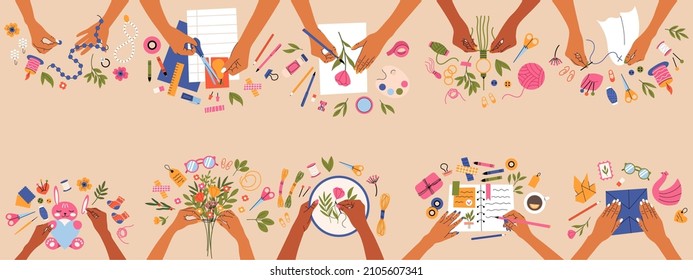 Creative workshop crafts, handmade hobbies and arts. Handmade crafts workshops, scrapbooking, origami and sewing vector illustration set. Female hands create crafts. Handmade creative workshop