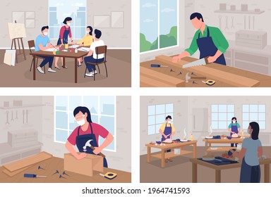 Creative workshop flat color vector illustration set. Cooking course. Carpentry work. Art school. Student in classroom 2D cartoon characters with class interior on background collection