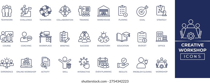 Creative workshop line icon set for design studio,  brainstorming, innovation, coaching, plan, and skill training symbols. Editable icon collection.