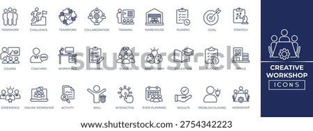 Creative workshop line icon set for design studio,  brainstorming, innovation, coaching, plan, and skill training symbols. Editable icon collection.