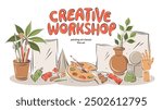 Creative workshop. Workplace, drawing on canvas, artistic stuff. Poster design for painting education. Painters stationery. Vector illustration