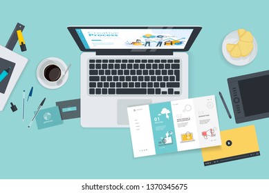 Creative workspace concept, top view. Flat design vector illustration for graphic and website design and development, creative process, business planning, strategy and presentation, internet marketing