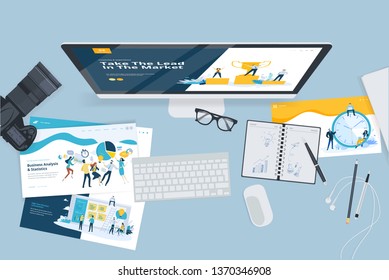 Creative workspace concept, top view. Flat design vector illustration for graphic and website design and development, creative process, business planning, strategy and presentation, internet marketing