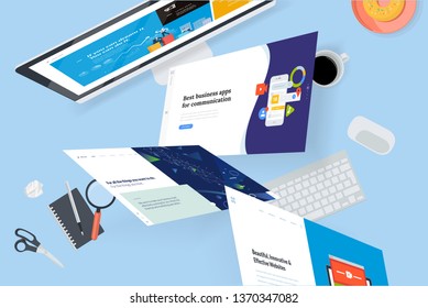 Creative workspace concept, top view. Flat design vector illustration for graphic and website design and development, creative process, business planning, strategy and presentation, internet marketing