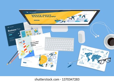 Creative workspace concept, top view. Flat design vector illustration for graphic and website design and development, creative process, business planning, strategy and presentation, internet marketing