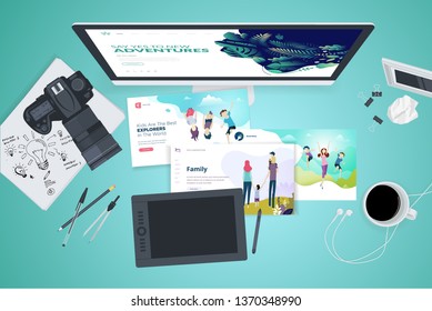 Creative workspace concept, top view. Flat design vector illustration for graphic and website design and development, creative process, business planning, strategy and presentation, internet marketing