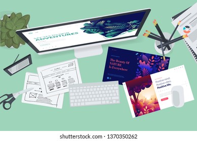 Creative workspace concept, top view. Flat design vector illustration for graphic and website design and development, creative process, business planning, strategy and presentation, internet marketing