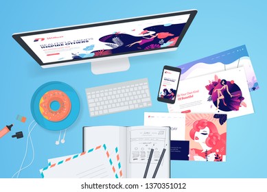 Creative workspace concept, top view. Flat design vector illustration for graphic and website design and development, creative process, business planning, strategy and presentation, internet marketing