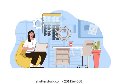 Creative workspace concept. Woman developer working on laptop in comfortable office situation. Coworking center people scene. Vector illustration with flat character design for website and mobile site