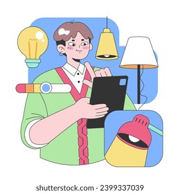 Creative workspace concept. Young man with tablet surrounded by illuminated light bulbs, lampshade, and a rolled blueprint. Inspired interior design mood. Flat vector illustration