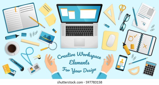 Creative workspace elements. Notebook with office tools. Top view. Eps10 vector.