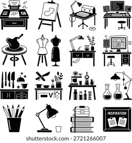 Creative workspace and hobby studio icon set. Containing writer desk, painting easel, pottery wheel, sewing mannequin, science lab, computer setup, and study area.