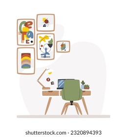 Creative workspace interior with poster art. Designer minimalist studio like home office. Cozy work zone with copy space. Domestic scene hand drawn flat vector illustration with abstract background