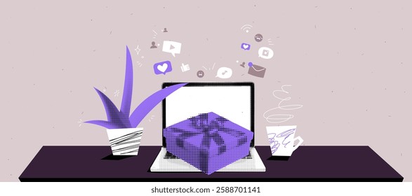 Creative workspace with laptop, gift, and icons - perfect for modern tech and social media themes