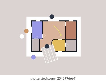 Um layout de espaço de trabalho criativo com planta baixa arquitetônica colorida, organizado perfeitamente, mostrando um ambiente inspirador para produtividade e inovação durante uma tarde ensolarada