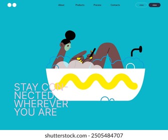 Creative workspace, modern flat vector concept illustration of a woman working sitting with a computer in a bath tube Remote work, flexibility, independence, efficiency, mobility, synergy, freedom