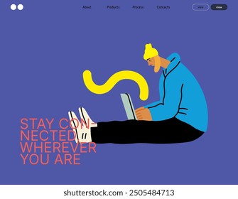 Creative workspace, modern flat vector concept illustration of a woman working sitting with a computer Remote work, flexibility, independence, efficiency, mobility, synergy, freedom